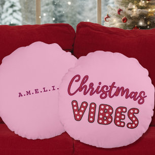 Cute Pink Retro Christmas Vibes Round Cushion