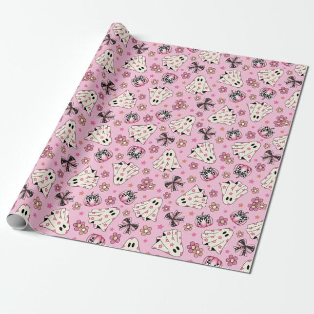 Cute Pink Retro Floral Coquette Ghosts Pumpkins Wrapping Paper (Unrolled)