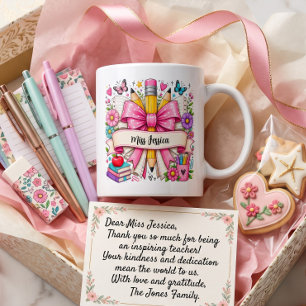 Cute Pink Retro Flowers Cartoon Pencil Teacher Coffee Mug