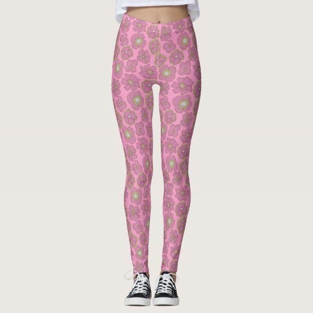 Cute Pink Retro Flowers Pattern Leggings (Front)