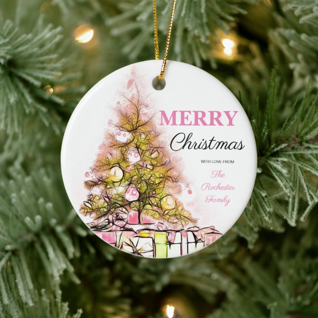 Cute Pink Retro Merry Christmas Tree Photo Ceramic Tree Decoration (Tree)