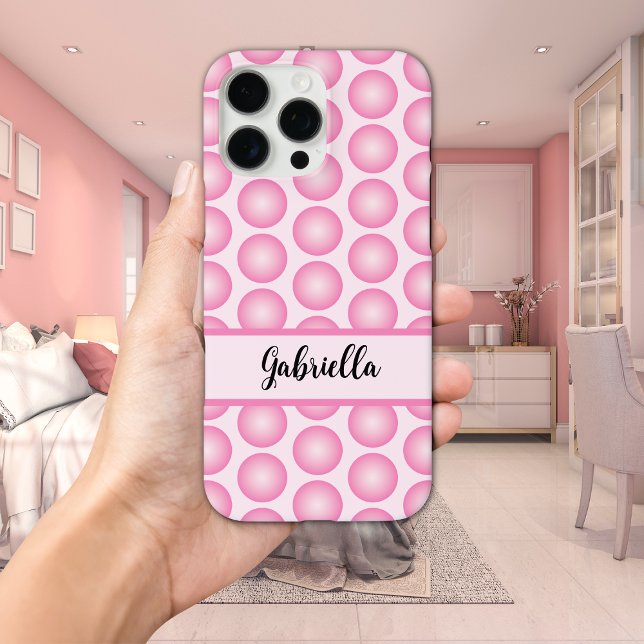  Cute Pink Retro Polka Dots Script Name Typography Case-Mate iPhone Case (Pink bubbly polka dots personalized cell phone case, in hand.)