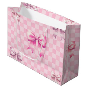 Cute Pink Ribbon and Gingham Sweet Girly Pattern Large Gift Bag