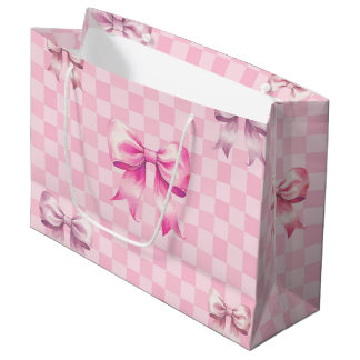 Cute Pink Ribbon and Gingham Sweet Girly Pattern Large Gift Bag
