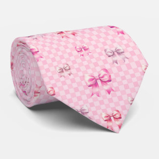 Cute Pink Ribbon and Gingham Sweet Girly Pattern Tie
