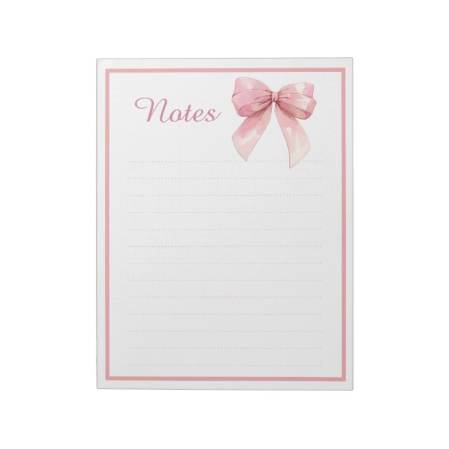 Cute Pink Ribbon Bow Coquette Lined Notes Notepad (Rotated)