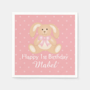 Cute Pink Ribbon Bunny Rabbit First Birthday Party Napkin