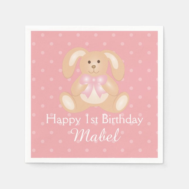 Cute Pink Ribbon Bunny Rabbit First Birthday Party Napkin (Front)