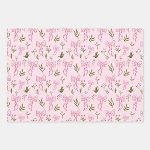 Cute Pink Ribbon Floral Seamless Pattern Wrapping Paper Sheet