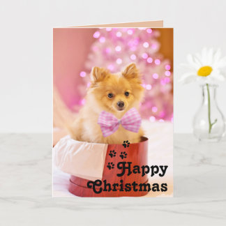 Cute Pink Ribbon Puppy&Happy Christmas Unique Card