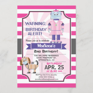 Cute Pink Robot, Girl's Birthday Party Invitation