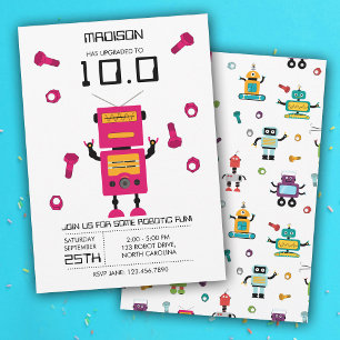 Cute Pink Robot Theme Kids Robots Birthday Party Invitation