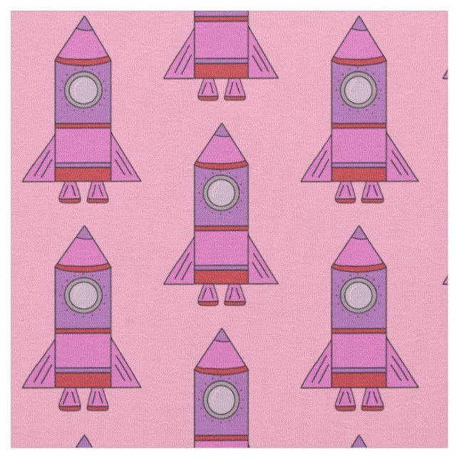 Cute Pink Rocket Ship Girl Kids Pattern Fabric (Close Up)