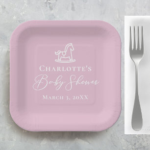 Cute Pink Rocking Horse Baby Shower Custom Paper Plate