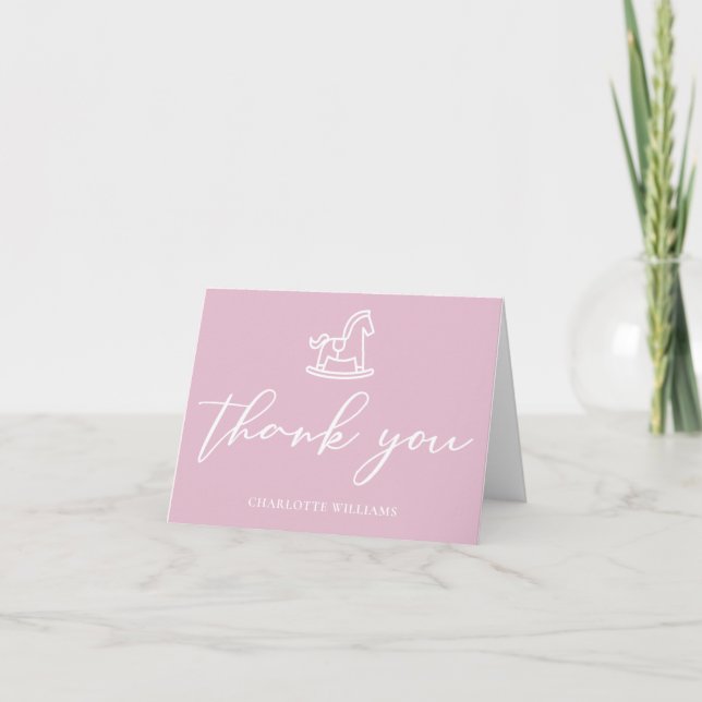 Cute Pink Rocking Horse Baby Shower Custom Thank You Card (Front)