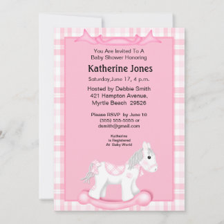 Cute Pink Rocking Horse Baby Shower Invitation