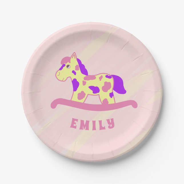 Cute Pink Rocking Horse Girly Birthday Party Paper Plate (Front)