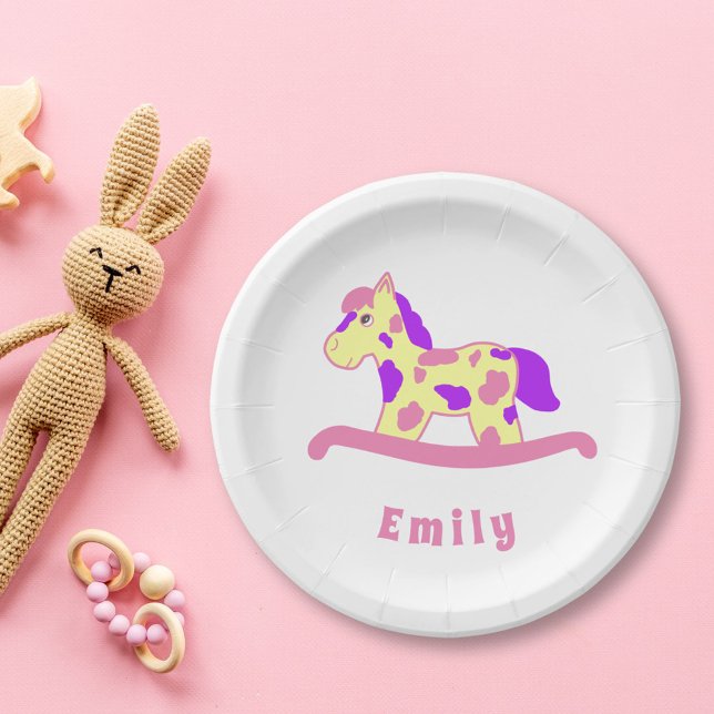Cute Pink Rocking Horse Girly Birthday Party Paper Plate (Creator Uploaded)