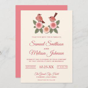 Cute Pink Romantic Birds Floral Wedding Invitation
