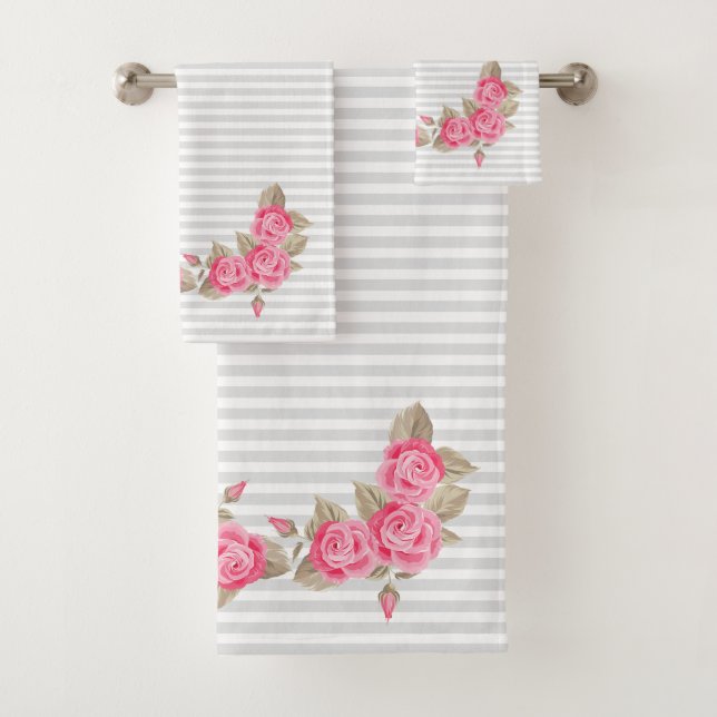 Cute Pink Rose Bud White & Grey Stripes Bath Towel Set (Insitu)