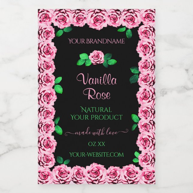 Cute Pink Rose Frame Elegant Black Product Labels (Single Label)
