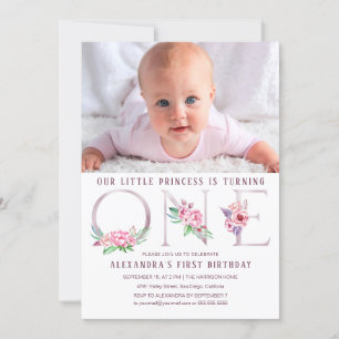 Cute Pink Rose Gold Floral First Birthday Photo Invitation