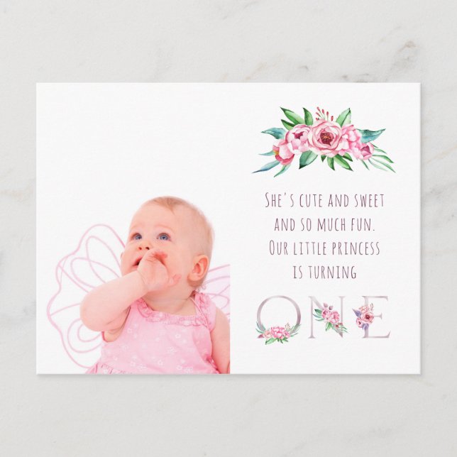Cute Pink Rose Gold Floral First Birthday Photo Invitation Postcard (Front)