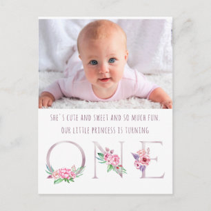 Cute Pink Rose Gold Floral First Birthday Photo Invitation Postcard