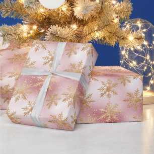 Cute Pink Rose Gold Snowflake Festive Pattern Wrapping Paper