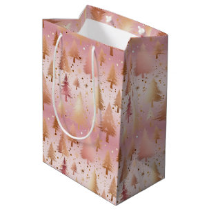Cute Pink Rose Gold Trees Festive Pattern Medium Gift Bag