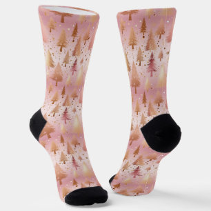 Cute Pink Rose Gold Trees Festive Pattern Socks