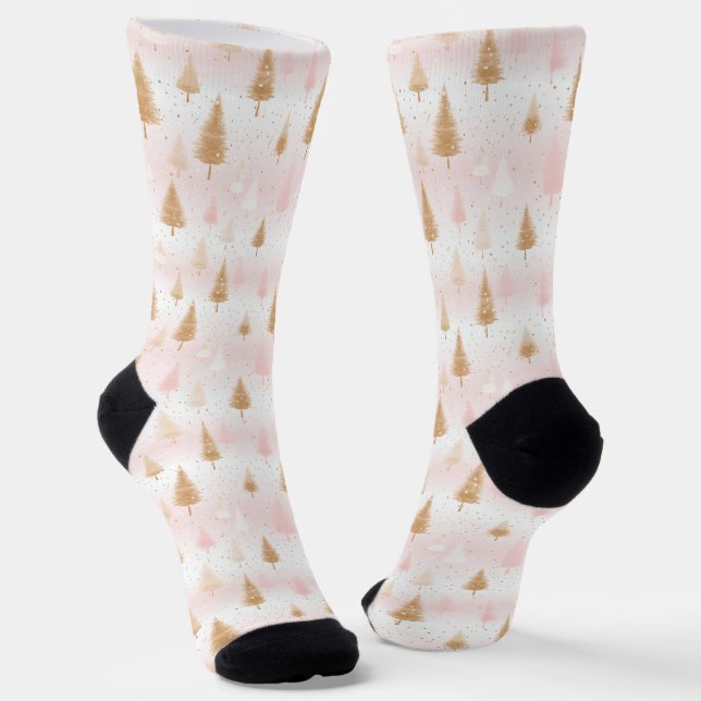 Cute Pink Rose Gold Trees Festive Pattern Socks (Angled)