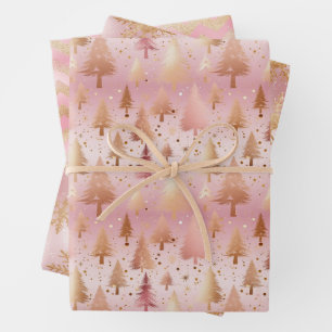 Cute Pink Rose Gold Trees Festive Pattern Wrapping Paper Sheet