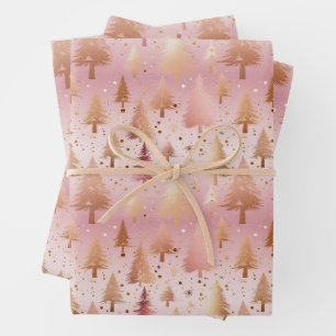 Cute Pink Rose Gold Trees Festive Pattern Wrapping Paper Sheet