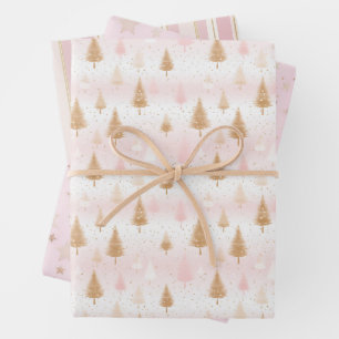 Cute Pink Rose Gold Trees Festive Pattern Wrapping Paper Sheet