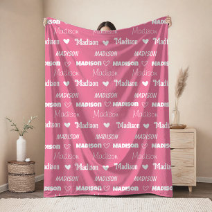 Cute pink rose repeating name personalised girly fleece blanket