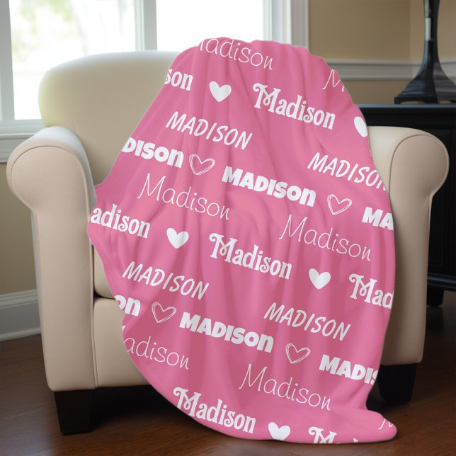 Cute pink rose repeating name personalised girly fleece blanket (Creator Uploaded)
