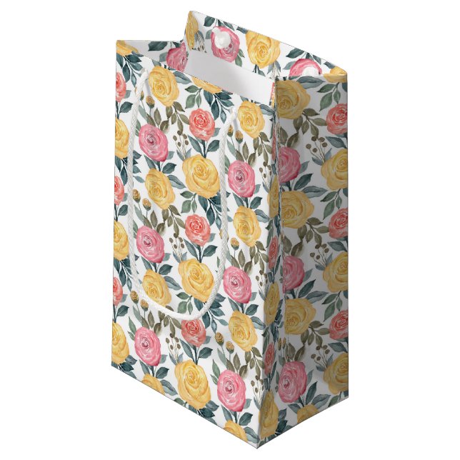 Cute pink rose tiled pattern small gift bag (Front Angled)