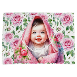 Cute Pink Roses and Smiling Baby Girl Baby Shower Large Gift Bag