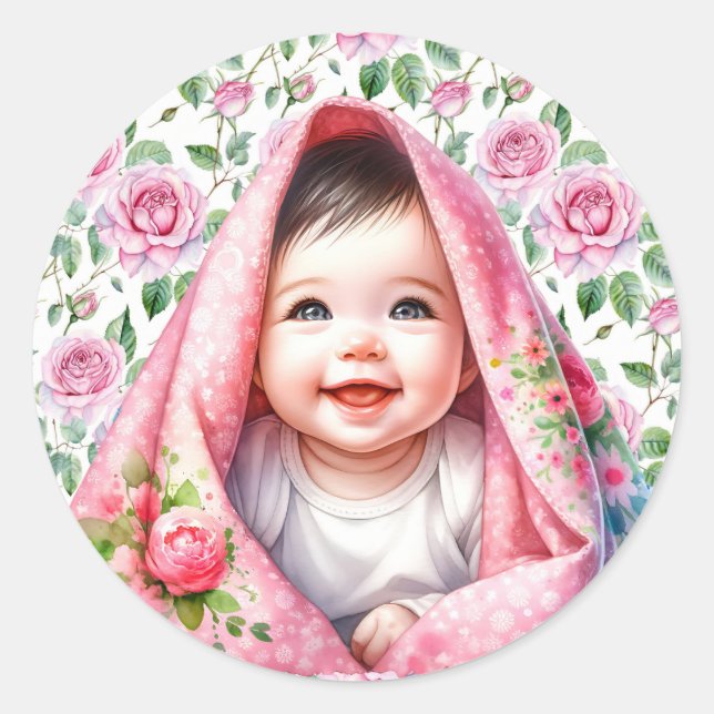 Cute Pink Roses and Smiling Baby Girl Classic Round Sticker (Front)
