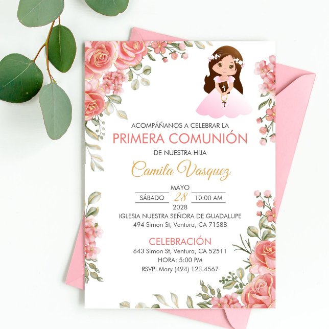 Cute Pink Roses First Communion Spanish  Invitation (Creator Uploaded)