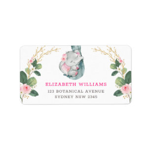 Cute Pink Roses Greenery Sleeping Baby Elephant Label