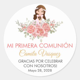 Cute Pink Roses in Spanish First Communion Classic Round Sticker