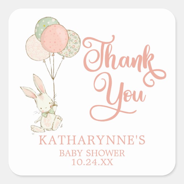 Cute Pink Rustic Bunny Baby Shower Thank You Square Sticker (Front)