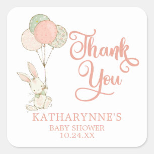 Cute Pink Rustic Bunny Baby Shower Thank You Square Sticker