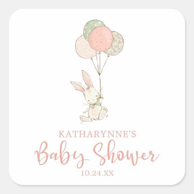 Cute Pink Rustic Floral Bunny Baby Shower Square Sticker (Front)