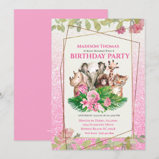 Cute Pink Safari Jungle Animals Birthday Party   Invitation