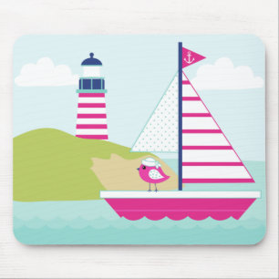 Cute Pink Sail Boat and Lighthouse Mouse Mat
