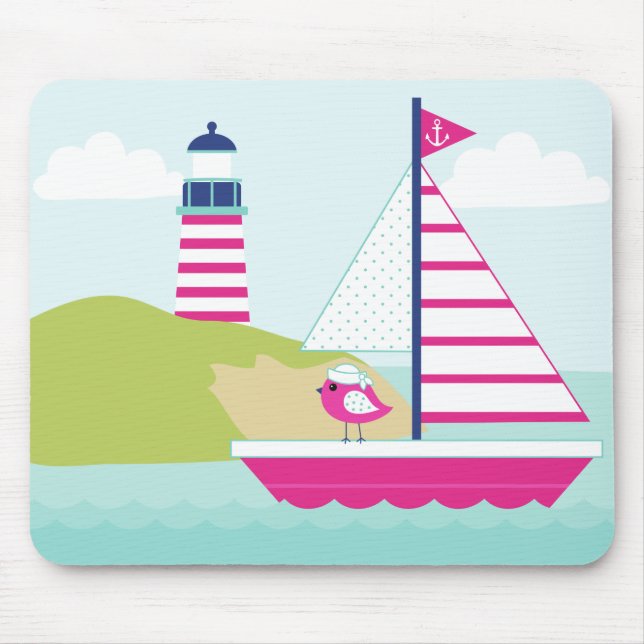 Cute Pink Sail Boat and Lighthouse Mouse Mat (Front)