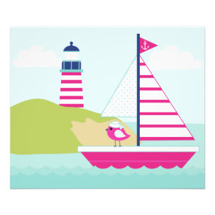 Cute Pink Sail Boat and Lighthouse Photo Print